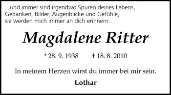 Traueranzeige von Magdalene Ritter von Echo-Zeitungen (Gesamtausgabe)