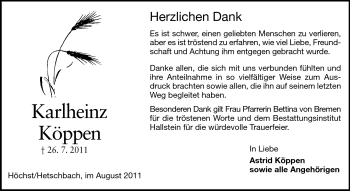 Traueranzeige von Karlheinz Köppen von Odenwälder Echo