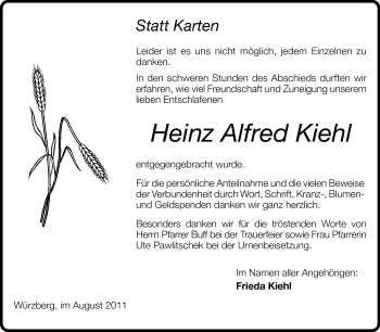 Traueranzeige von Heinz Alfred Kiehl von Odenwälder Echo
