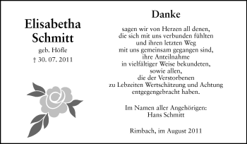 Traueranzeige von Elisabetha Schmitt von Starkenburger Echo