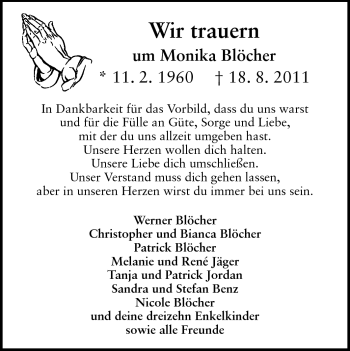 Traueranzeige von Monika Blöcher von Darmstädter Echo, Odenwälder Echo, Rüsselsheimer Echo, Groß-Gerauer-Echo, Ried Echo