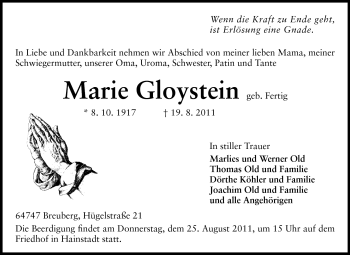 Traueranzeige von Marie Gloystein von Odenwälder Echo