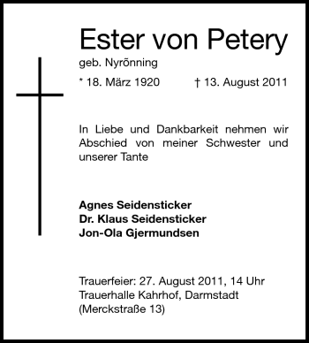 Traueranzeige von Ester von Petery von Darmstädter Echo, Odenwälder Echo, Rüsselsheimer Echo, Groß-Gerauer-Echo, Ried Echo Traueranzeige von Ester von Petery von Darmstädter Echo, Odenwälder Echo, Rüsselsheimer Echo, Groß-Gerauer-Echo, Ried Echo