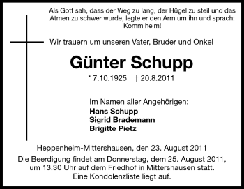 Traueranzeige von Günter Schupp von Starkenburger Echo