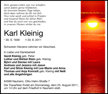 Traueranzeige von Karl Kleinig von Rüsselsheimer Echo, Groß-Gerauer-Echo, Ried Echo