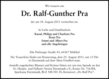 Traueranzeige von Dr. Ralf-Gunther Pra von Echo-Zeitungen (Gesamtausgabe)