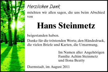 Traueranzeige von Hans Steinmetz von Darmstädter Echo, Odenwälder Echo, Rüsselsheimer Echo, Groß-Gerauer-Echo, Ried Echo Traueranzeige von Hans Steinmetz von Darmstädter Echo, Odenwälder Echo, Rüsselsheimer Echo, Groß-Gerauer-Echo, Ried Echo