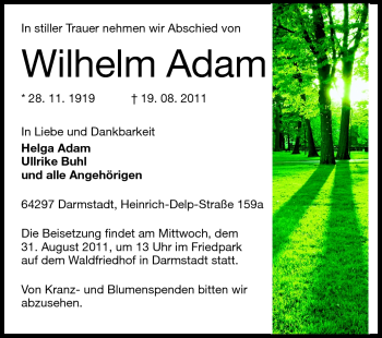 Traueranzeige von Wilhelm Adam von Echo-Zeitungen (Gesamtausgabe) Traueranzeige von Wilhelm Adam von Echo-Zeitungen (Gesamtausgabe)