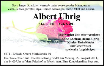 Traueranzeige von Albert Uhrig von Odenwälder Echo