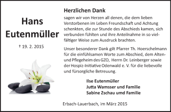 Traueranzeige von Hans Eutenmüller von Odenwälder Echo