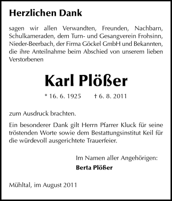Traueranzeige von Karl Plößer von Echo-Zeitungen (Gesamtausgabe)