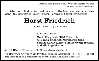 Traueranzeige von Horst Friedrich von Odenwälder Echo