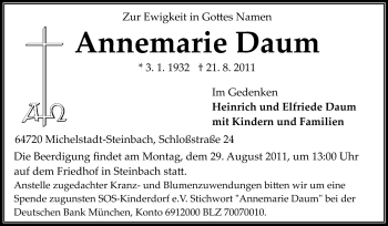 Traueranzeige von Annemarie Daum von Odenwälder Echo