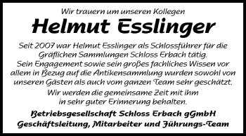 Traueranzeige von Helmut Esslinger von Odenwälder Echo