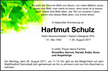 Traueranzeige von Hartmut Schulz von Echo-Zeitungen (Gesamtausgabe) Traueranzeige von Hartmut Schulz von Echo-Zeitungen (Gesamtausgabe)