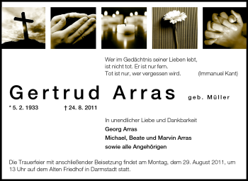 Traueranzeige von Gertrud Arras von Echo-Zeitungen (Gesamtausgabe) Traueranzeige von Gertrud Arras von Echo-Zeitungen (Gesamtausgabe)