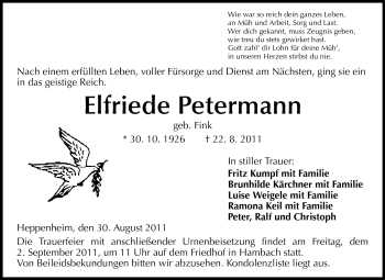 Traueranzeige von Elfriede Petermann von Starkenburger Echo