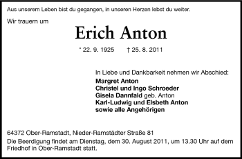 Traueranzeige von Erich Anton von Darmstädter Echo, Odenwälder Echo, Rüsselsheimer Echo, Groß-Gerauer-Echo, Ried Echo