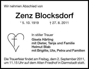 Traueranzeige von Zenz Blocksdorf von Darmstädter Echo, Odenwälder Echo, Rüsselsheimer Echo, Groß-Gerauer-Echo, Ried Echo Traueranzeige von Zenz Blocksdorf von Darmstädter Echo, Odenwälder Echo, Rüsselsheimer Echo, Groß-Gerauer-Echo, Ried Echo