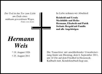 Traueranzeige von Hermann Weis von Odenwälder Echo