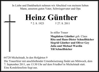 Traueranzeige von Heinz Günther von Odenwälder Echo