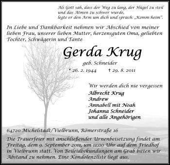 Traueranzeige von Gerda Krug von Odenwälder Echo