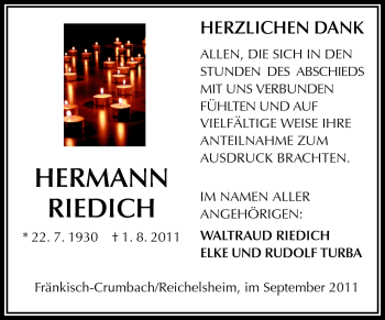 Traueranzeige von Hermann Riedich von Odenwälder Echo