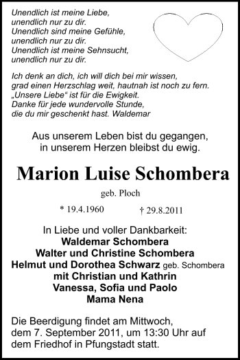 Traueranzeige von Marion Schombera von Echo-Zeitungen (Gesamtausgabe)