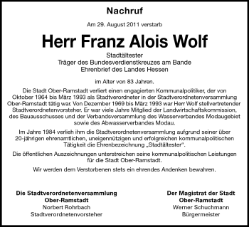 Traueranzeige von Franz Wolf von Echo-Zeitungen (Gesamtausgabe)