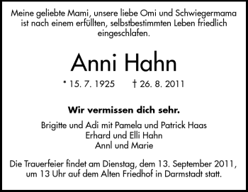 Traueranzeige von Anni Hahn von Darmstädter Echo, Odenwälder Echo, Rüsselsheimer Echo, Groß-Gerauer-Echo, Ried Echo Traueranzeige von Anni Hahn von Darmstädter Echo, Odenwälder Echo, Rüsselsheimer Echo, Groß-Gerauer-Echo, Ried Echo