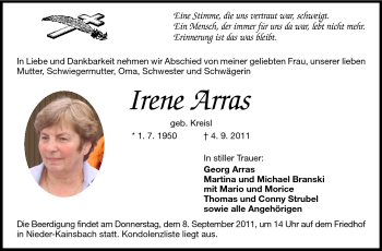 Traueranzeige von Irene Arras von Echo-Zeitungen (Gesamtausgabe)