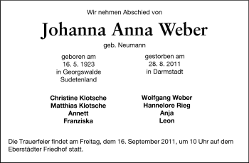 Traueranzeige von Johanna Anna Weber von Darmstädter Echo, Odenwälder Echo, Rüsselsheimer Echo, Groß-Gerauer-Echo, Ried Echo