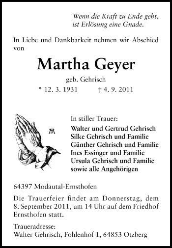 Traueranzeige von Martha Geyer von Darmstädter Echo, Odenwälder Echo, Rüsselsheimer Echo, Groß-Gerauer-Echo, Ried Echo