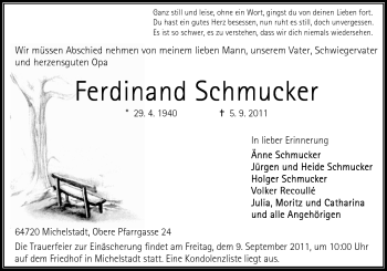 Traueranzeige von Ferdinand Schmucker von Odenwälder Echo