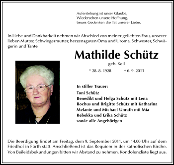 Traueranzeige von Mathilde Schütz von Echo-Zeitungen (Gesamtausgabe)