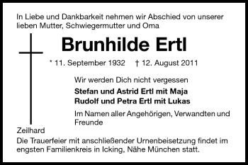 Traueranzeige von Brunhilde Ertl von Echo-Zeitungen (Gesamtausgabe)