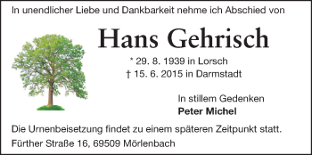 Traueranzeige von Hans Gehrisch von Echo-Zeitungen (Gesamtausgabe)