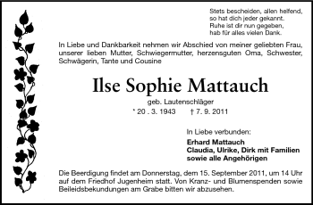 Traueranzeige von Ilse Sophie Mattauch von Darmstädter Echo, Odenwälder Echo, Rüsselsheimer Echo, Groß-Gerauer-Echo, Ried Echo