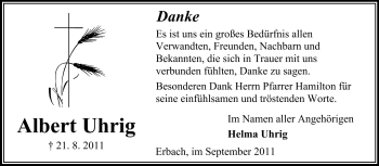 Traueranzeige von Albert Uhrig von Odenwälder Echo
