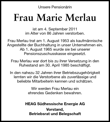 Traueranzeige von Marie Merlau von Echo-Zeitungen (Gesamtausgabe) Traueranzeige von Marie Merlau von Echo-Zeitungen (Gesamtausgabe)