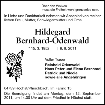 Traueranzeige von Hildegard Bernhard-Odenwald von Odenwälder Echo