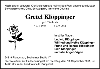 Traueranzeige von Gretel Klöppinger von Darmstädter Echo, Odenwälder Echo, Rüsselsheimer Echo, Groß-Gerauer-Echo, Ried Echo