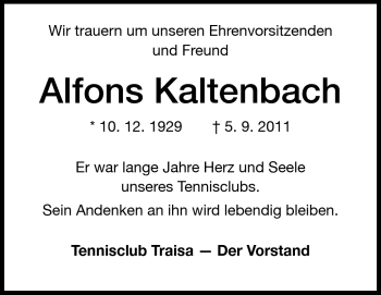 Traueranzeige von Alfons Kaltenbach von Echo-Zeitungen (Gesamtausgabe)