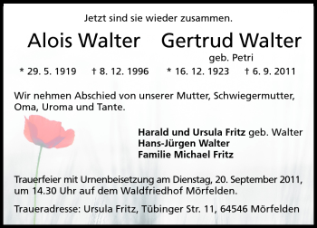 Traueranzeige von Getrud Walter von Echo-Zeitungen (Gesamtausgabe)