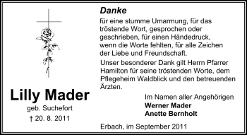 Traueranzeige von Lilly Mader von Odenwälder Echo