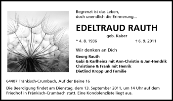 Traueranzeige von Edeltraud Rauth von Odenwälder Echo