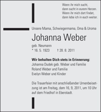 Traueranzeige von Johanna Anna Weber von Darmstädter Echo, Odenwälder Echo, Rüsselsheimer Echo, Groß-Gerauer-Echo, Ried Echo