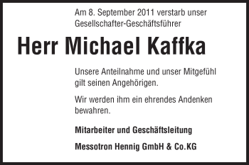 Traueranzeige von Michael Kaffka von Echo-Zeitungen (Gesamtausgabe)