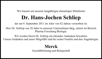 Traueranzeige von Dr. Hans-Jochen Schliep von Echo-Zeitungen (Gesamtausgabe)