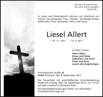 Traueranzeige von Liesel Allert von Starkenburger Echo